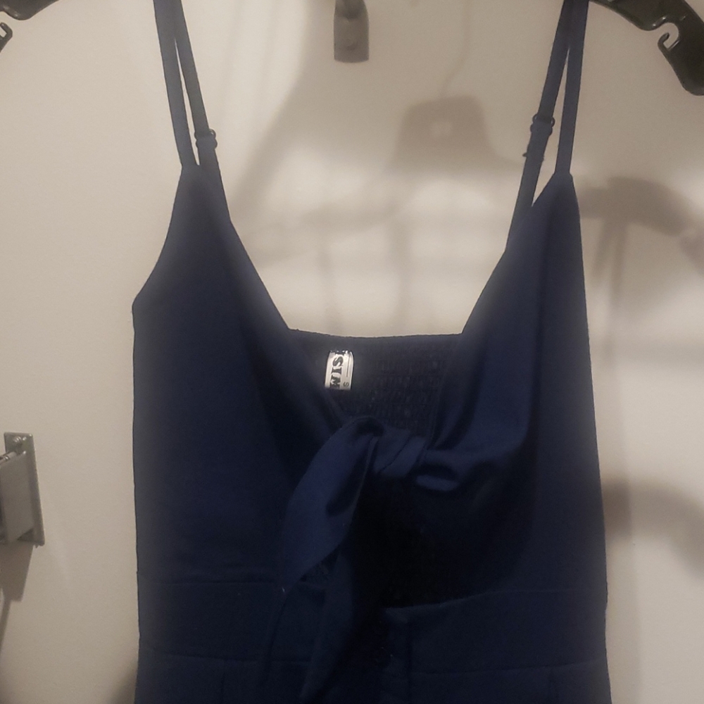 Navy Blue Front Tie V Neck Dress